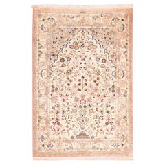 3'3"x4'10" Ivory Persian Ghom with Flower Design 600 KPSI Hand Knotted Silk Rug
