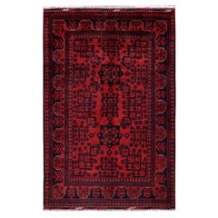 3'3 "x4'10" Alfombra afgana roja Khamyab con motivos tribales anudada a mano en lana