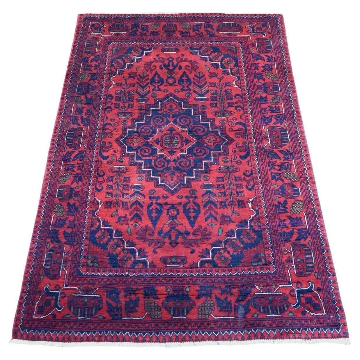 3'3"x4'10" Red Hand Knotted With Heriz Design Afghan Khamyab Pure Wool Rug For Sale