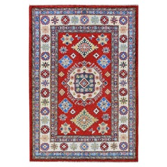 3'3"x4'10" Red Kazak with Geometric Medallions Design Hand Knotted Soft Wool Rug