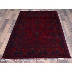3'3"x4'10" Ruby Red Afghan Khamyab with Geometric Pattern Hand Knotted Wool Rug