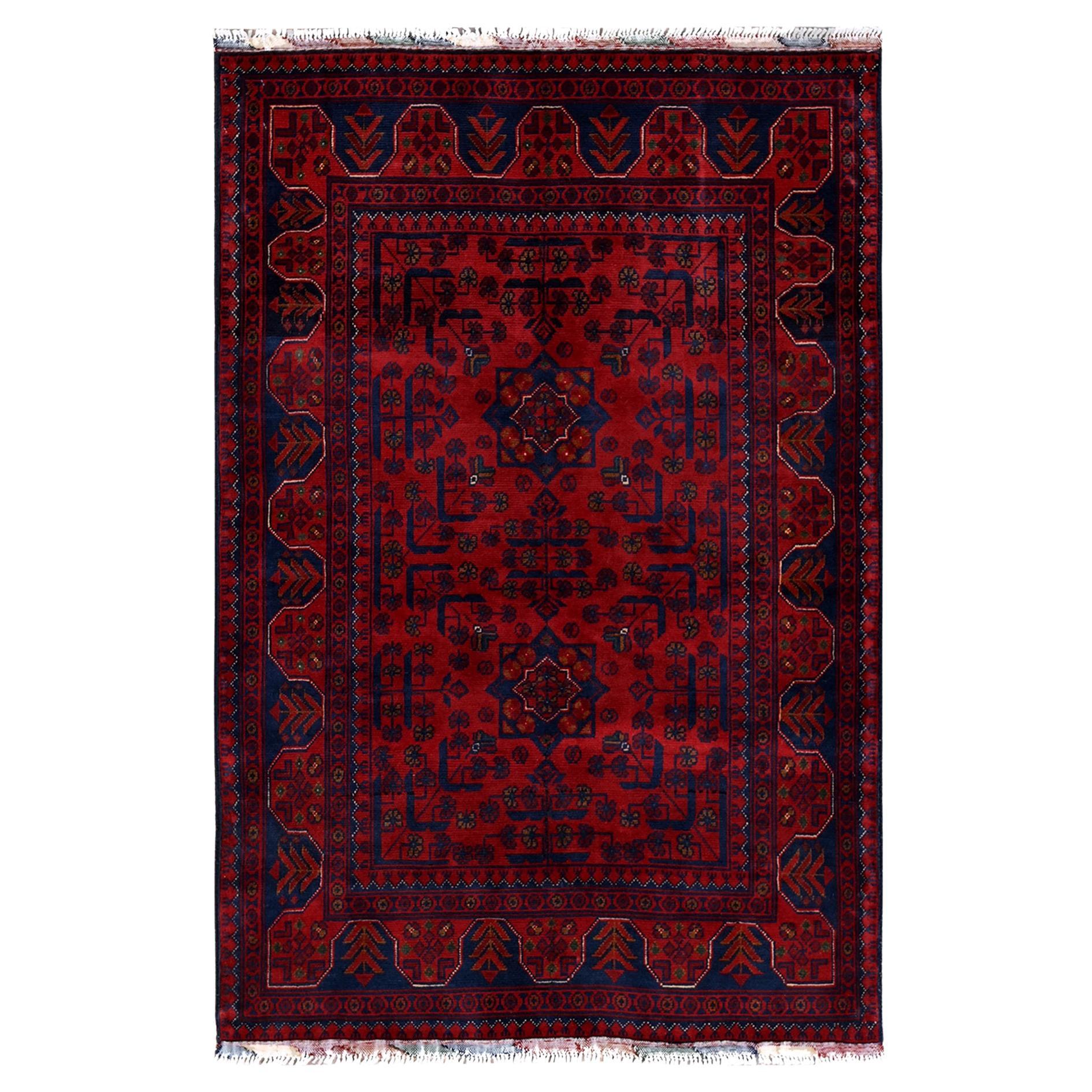 3'3"x4'10" Ruby Red Afghan Khamyab with Geometric Pattern Hand Knotted Wool Rug For Sale