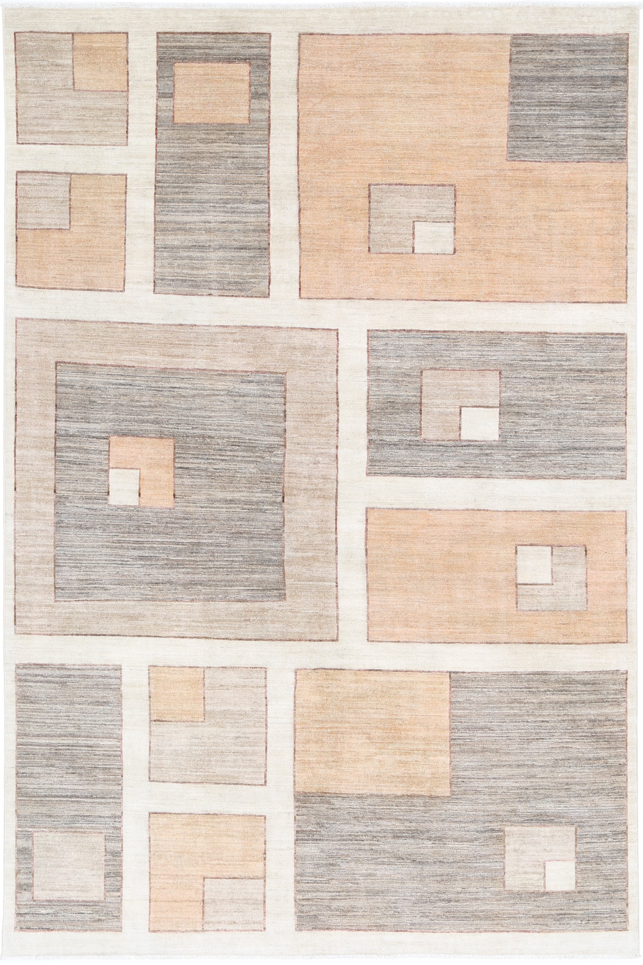 3.3x4.5 ft Handgeknüpftes Beige, Grauer Wollteppich. Geometrischer abstrakter kleiner Teppich im Angebot