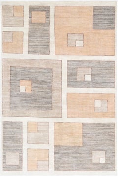 3.3x4.5 ft Handknotted Beige, Gray Wool Area Rug. Geometric Abstract Small Rug