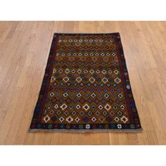 3'3"x4'8" Brown Afghan Baluch with Geometric Design Hand Knotted Pure Wool Rug
