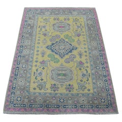 3'3"x4'8" Colorful Yellow Fusion Kazak Natural Wool Hand Knotted Oriental Rug