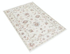3.3x4.8 ft Hand Knotted Beige Oushak Rug with All-Over Floral Design. 100% Wool