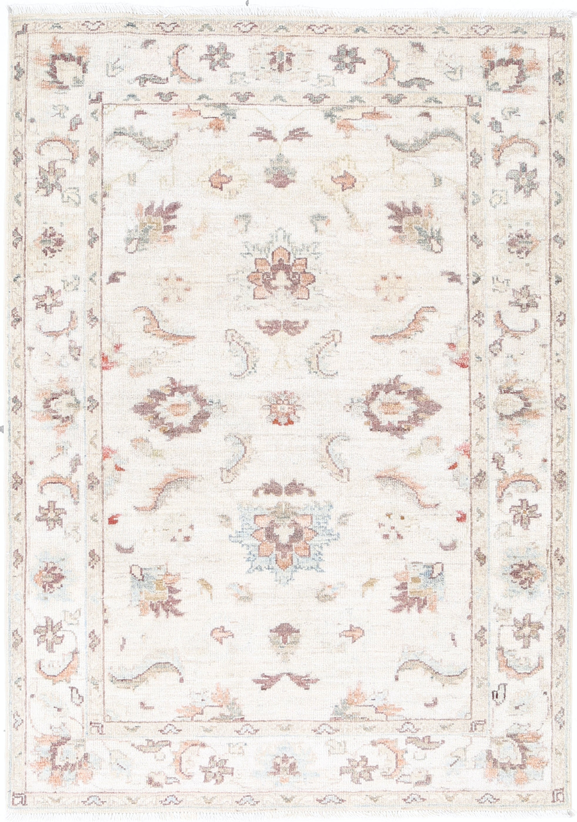 3.3x4.8 ft Hand Knotted Beige Oushak Rug with All-Over Floral Design. 100% Wool