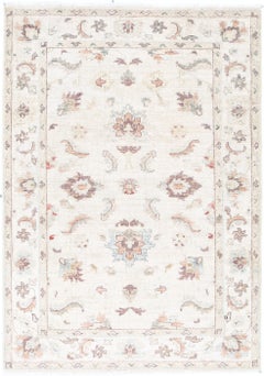 3.3x4.8 ft Hand Knotted Beige Oushak Rug with All-Over Floral Design. 100% Wool