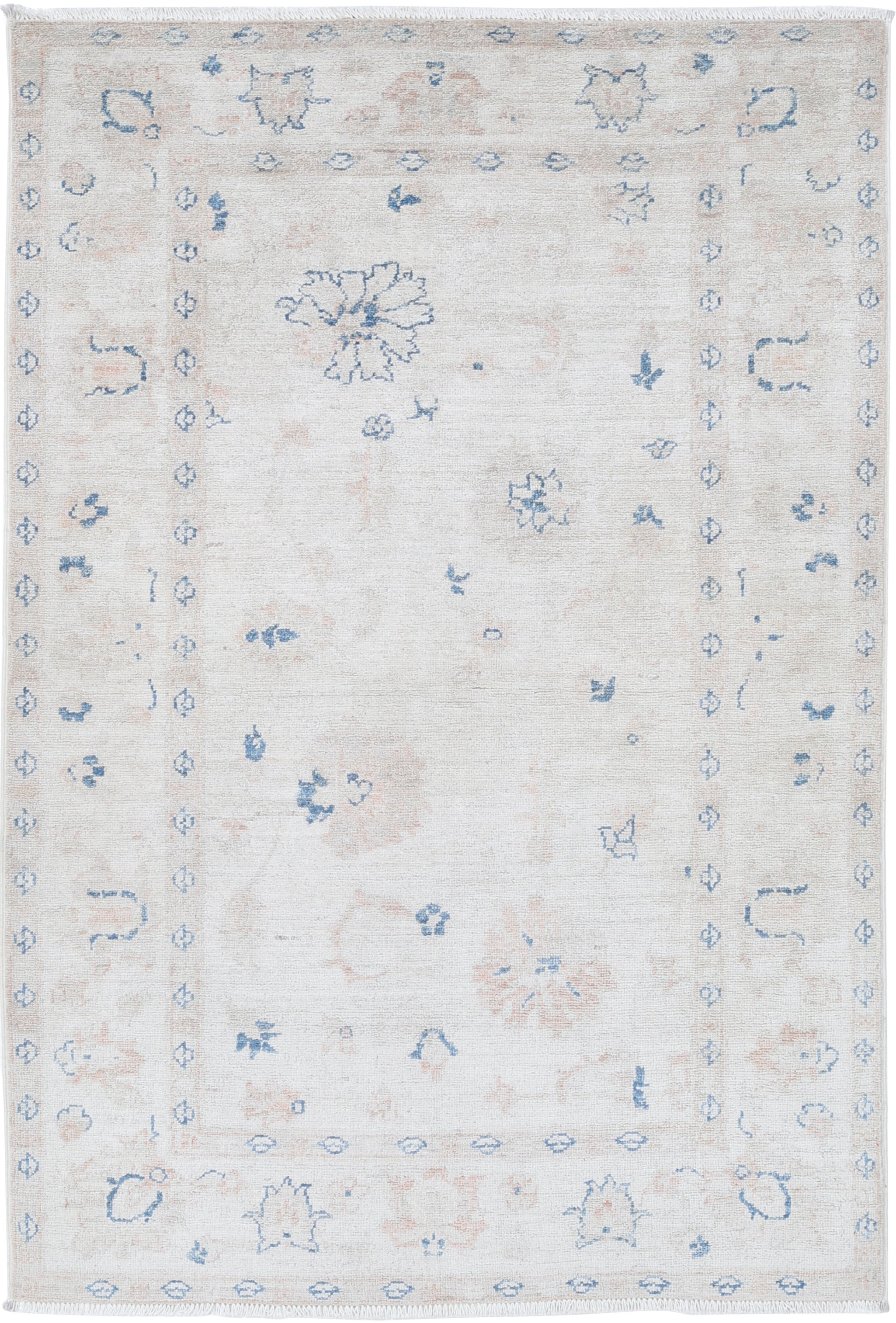 3.3x4.8 ft Hand Knotted Wool Rug. Beige Small Rug with All-Over Floral Design