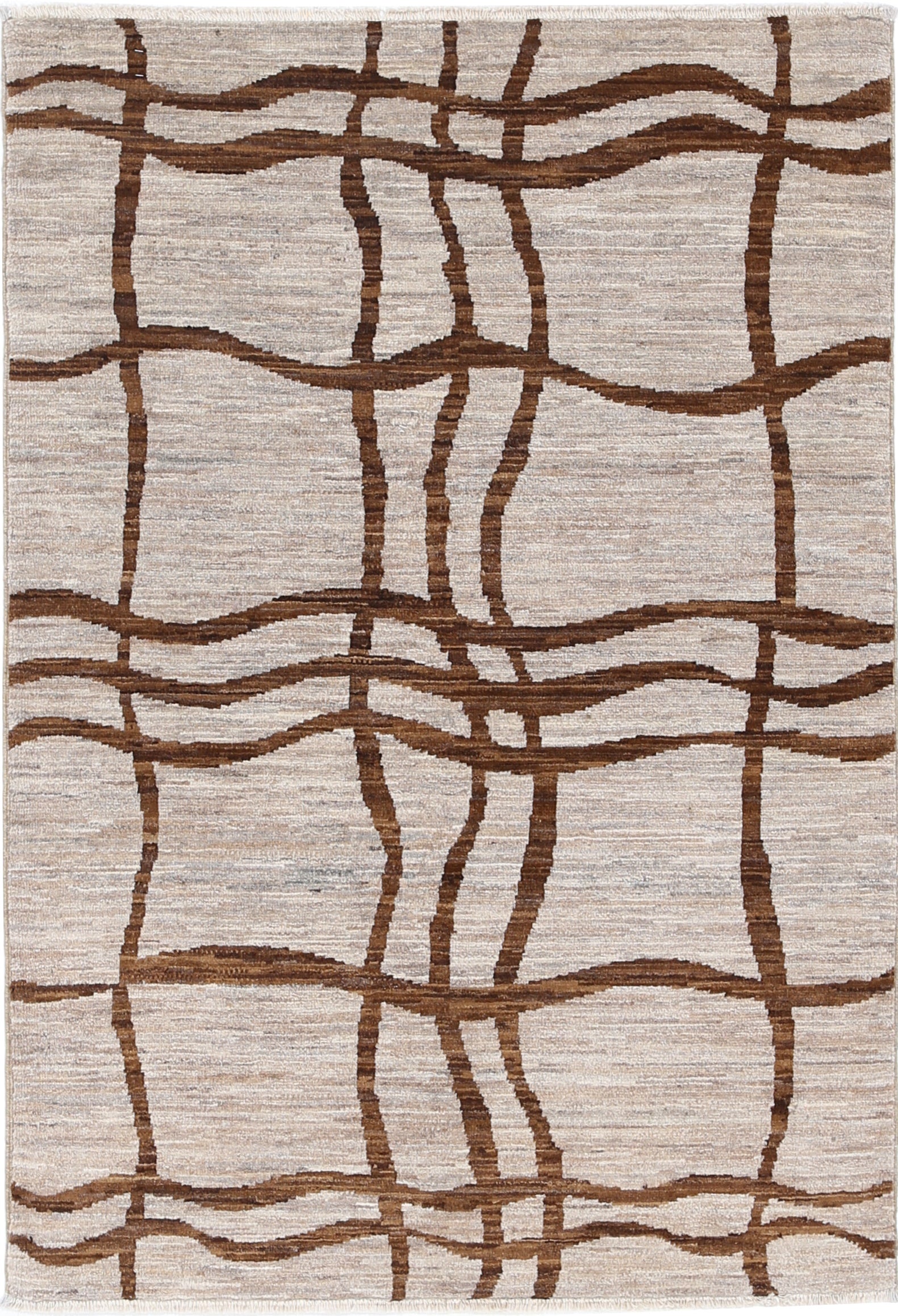 3.3x4.8 ft Handknotted Ivory and Brown Wool Area Rug with Abstract Linear Design For Sale