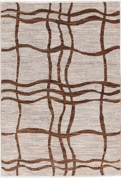 3.3x4.8 ft Handknotted Ivory and Brown Wool Area Rug with Abstract Linear Design