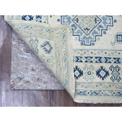 3'3"x4'8" Ivory Vintage Look Kazak with Medallions Hand Knotted Pure Wool Rug