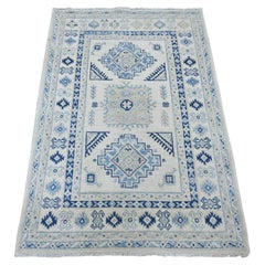 3'3"x4'8" Ivory Vintage Look Kazak with Medallions Hand Knotted Pure Wool Rug