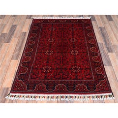 3'3"x4'8" Red Afghan Andkhoy with Tribal Design Hand Knotted Soft Wool Rug
