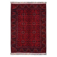 3'3"x4'8" Red Afghan Andkhoy with Tribal Design Hand Knotted Soft Wool Rug