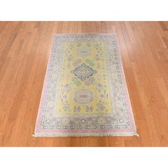 3'3"x4'8" Yellow Fusion Kazak with Geometric Design Hand Knotted Pure Wool Rug