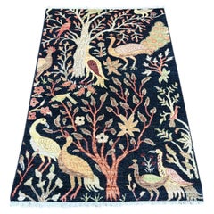 3'3"x4'9" Black Peshawar Colorful Birds of Paradise Design Hand Knotted Wool Rug