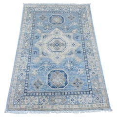 3'3 "x4'9" Blau Vintage Look Kazak Geometrisches Medaillon Handgeknüpfter Teppich aus reiner Wolle
