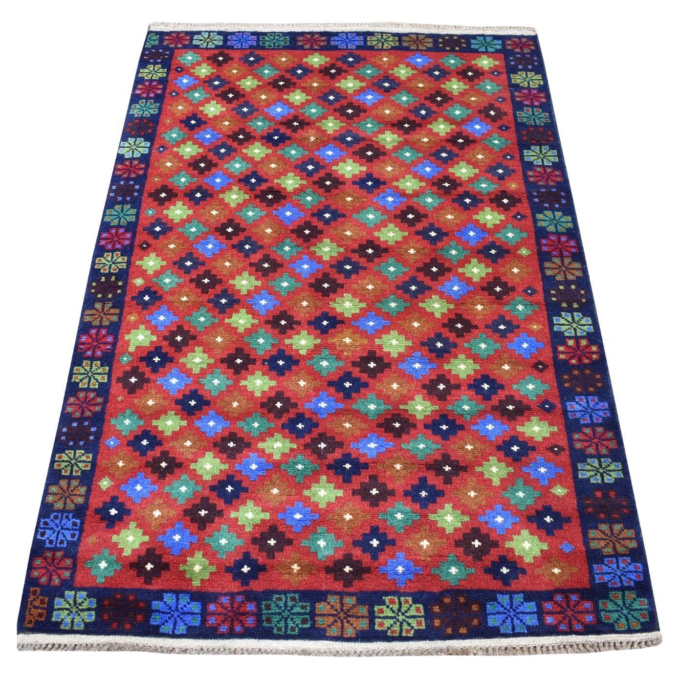 3
3 "x4
9" Red All Over Design Colorful Afghan Baluch Hand Knots Rugs in pura lana