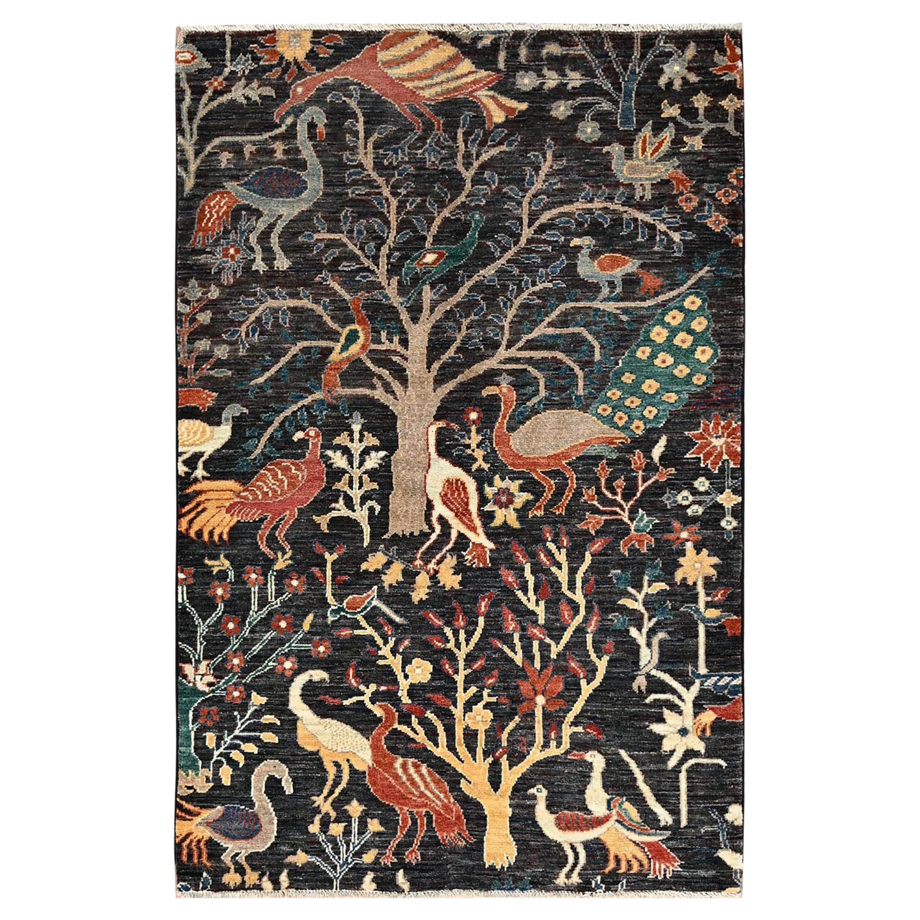 3
3"x5
Black Hand Knotted Aryana Grade Birds of Paradise Design Pure Wool Rug