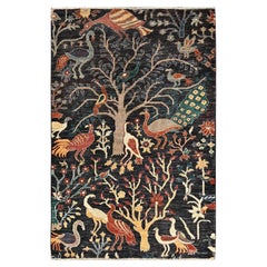 3
3"x5
Black Hand Knotted Aryana Grade Birds of Paradise Design Pure Wool Rug