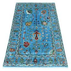 3'3"x5' Cerulean Blue Wool Afghan Sultani Hand Knotted Denser Weave Rug