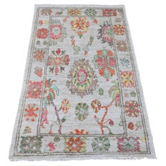 3'3"x5' Chiffon White Hand Knotted Afghan Angora Oushak Leaf Design Wool Rug