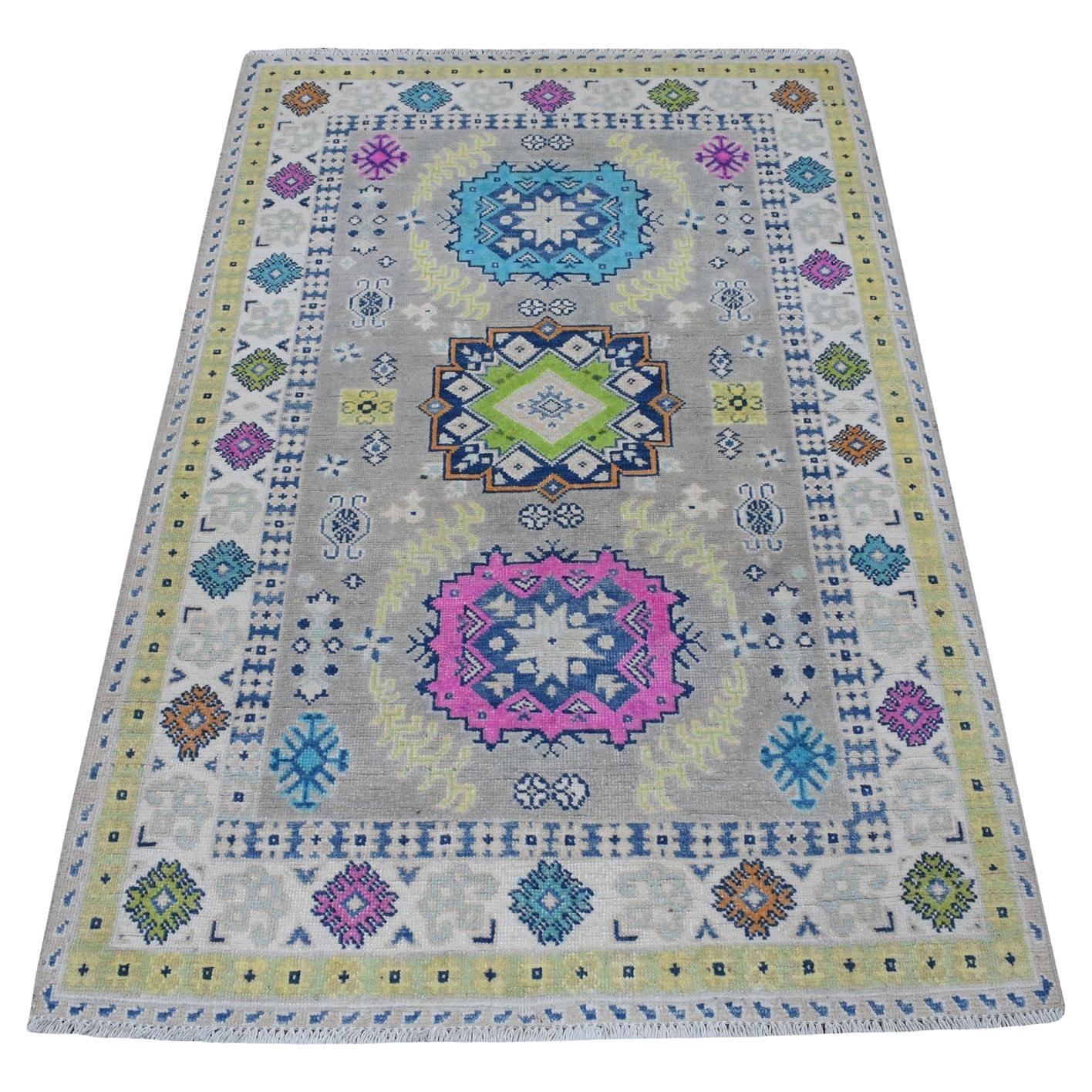 3
3 "x5
 Bunte graue Fusion Kazak Reine Wolle Geometrisches Design Handgeknüpfter Teppich