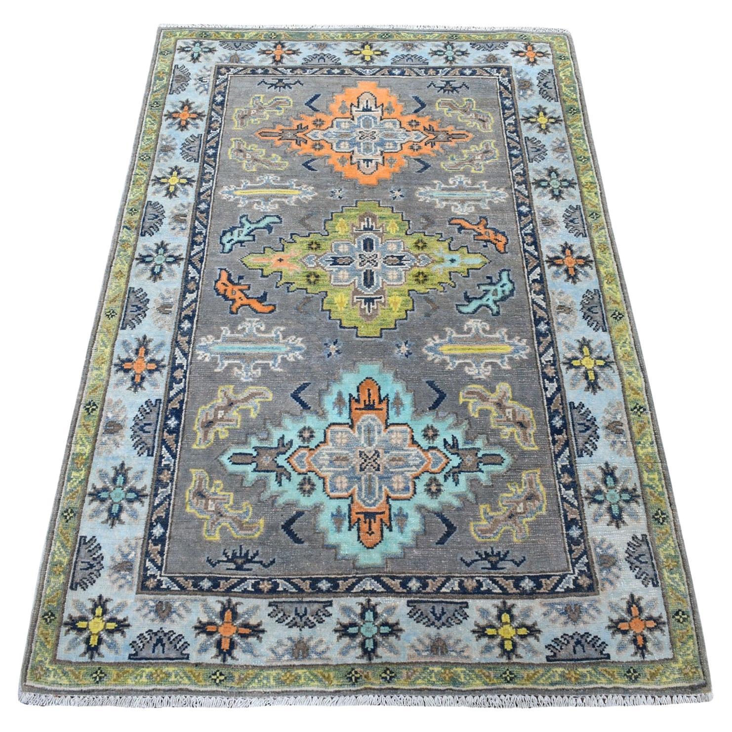 3'3"x5' Colorful Gray Fusion Kazak Pure Wool Hand Knotted Oriental Rug