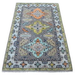 3'3"x5' Colorful Gray Fusion Kazak Pure Wool Hand Knotted Oriental Rug
