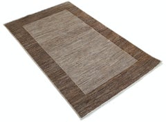 3.3x5 ft Hand Knotted Brown and Taupe Small Area Rug with Minimal Border Design