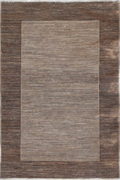 3.3x5 ft Hand Knotted Brown and Taupe Small Area Rug with Minimal Border Design