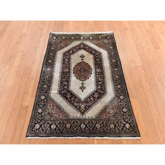 3'3"x5' Ivory Pure Silk Vintage Persian Qum 600 KPSI Hand Knotted Oriental Rug