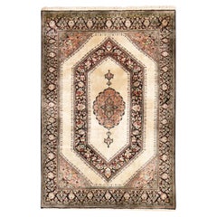 3'3"x5' Ivory Pure Silk Vintage Persian Qum 600 KPSI Hand Knotted Oriental Rug