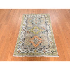 3'3"x5' Stone Gray Fusion Kazak with Geometric Design Wool Hand Knotted Rug