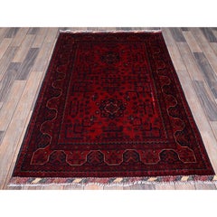 3'3"x5'1" Red Afghan Khamyab with Geometric Pattern Soft Wool Hand Knotted Rug