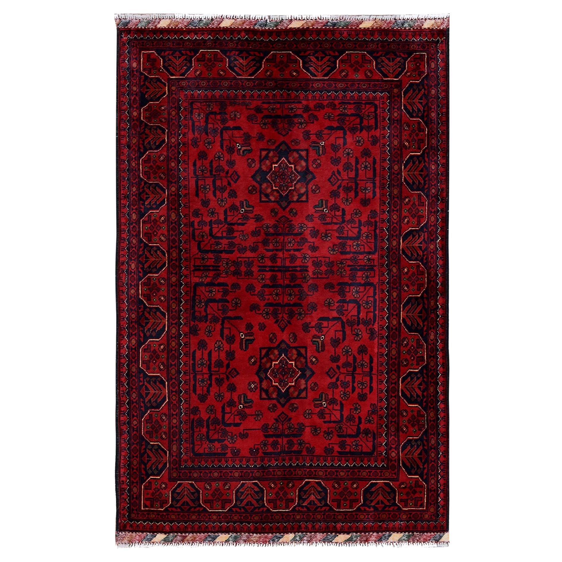 3
3"x5
1" Red Afghan Khamyab with Geometric Pattern Soft Wool Hand Knotted Rug