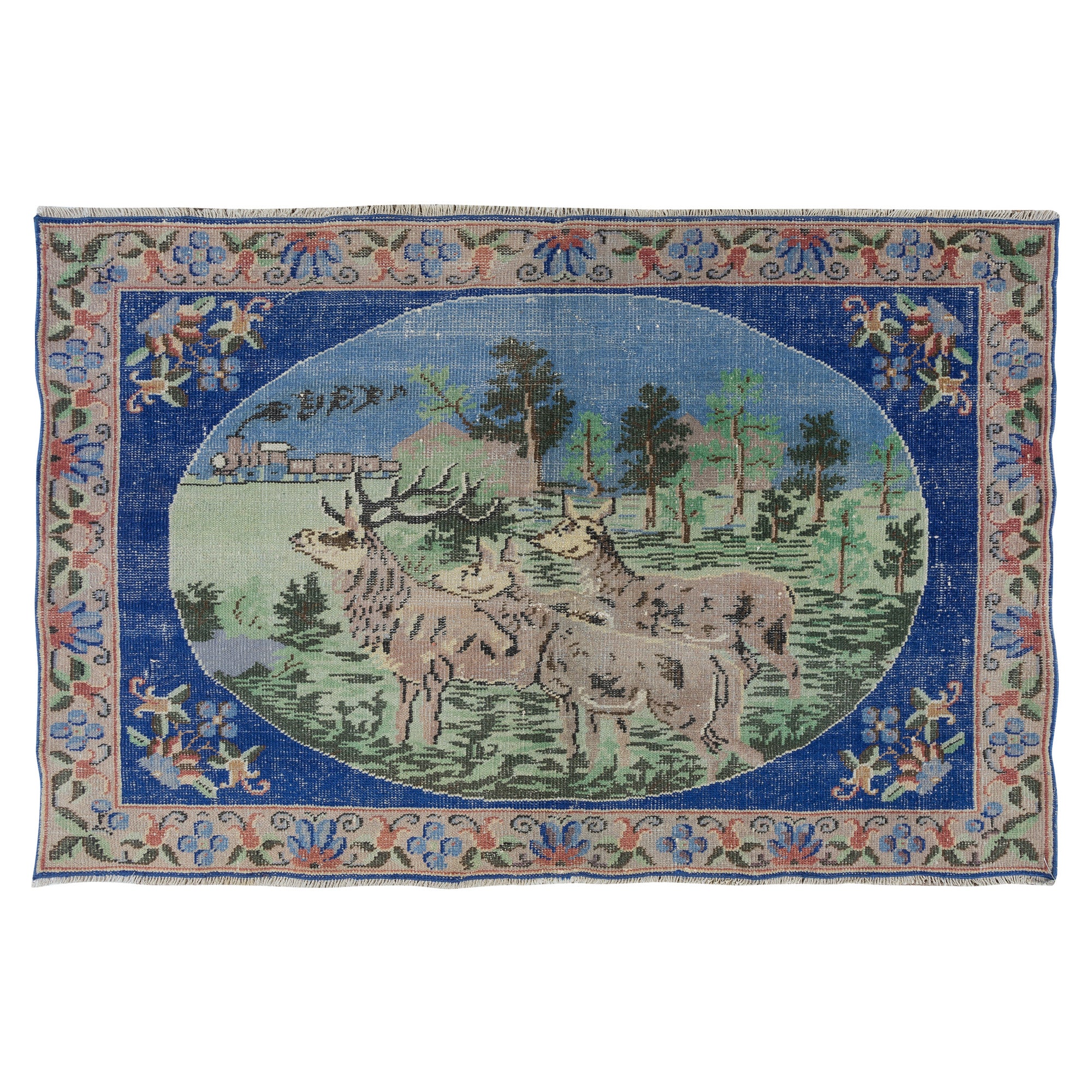 Tappeto con motivi di cervi, alberi e fiori 3,3x5,2 Ft, appeso a parete vintage, Art Decor