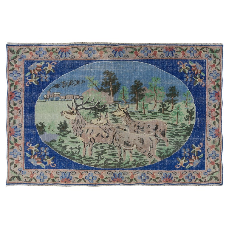 5.2x3.3 Ft Deer, Tree and Floral Pattern Rug, Vintage Wall Hanging ...