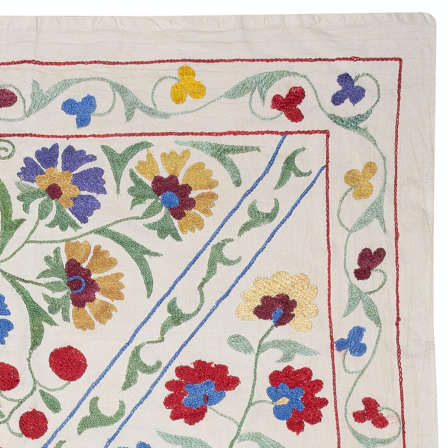 Suzani 3.3x5.2 Ft Embroidered Wall Hanging, Flower Design Silk and Cotton Tablecloth