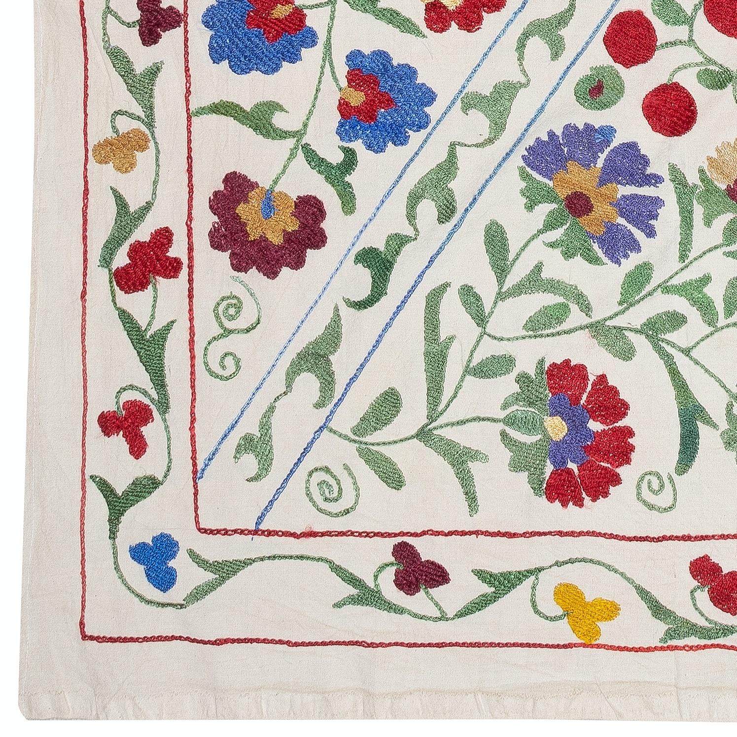 Central Asian 3.3x5.2 Ft Embroidered Wall Hanging, Flower Design Silk and Cotton Tablecloth