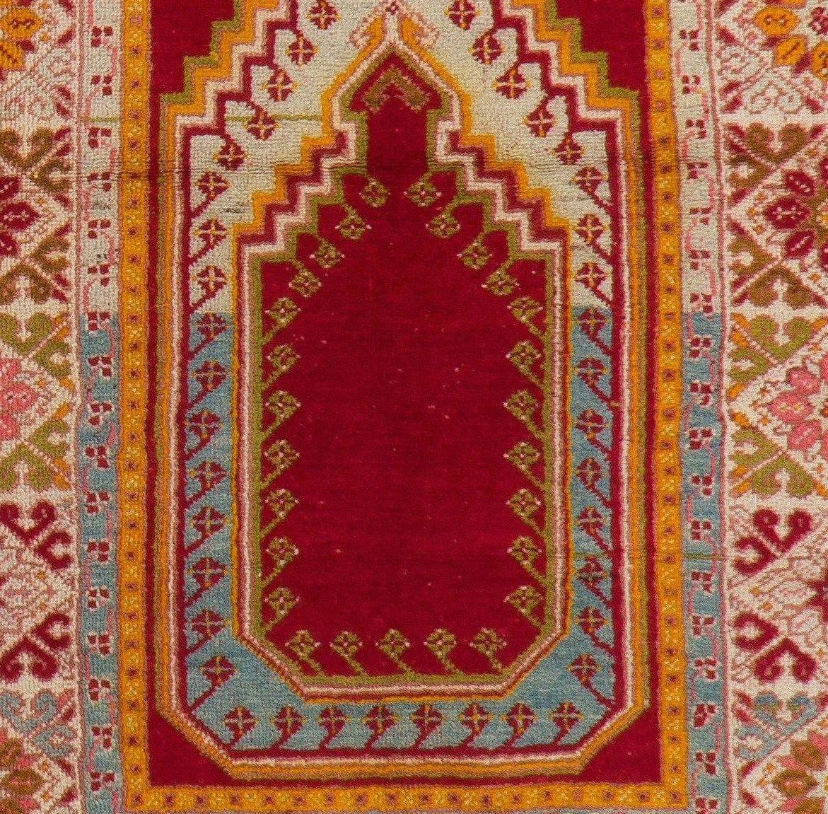 Hand-Knotted 3.3x5.3 Ft Semi Antique Turkish Kirsheir Prayer Rug, circa 1940 For Sale