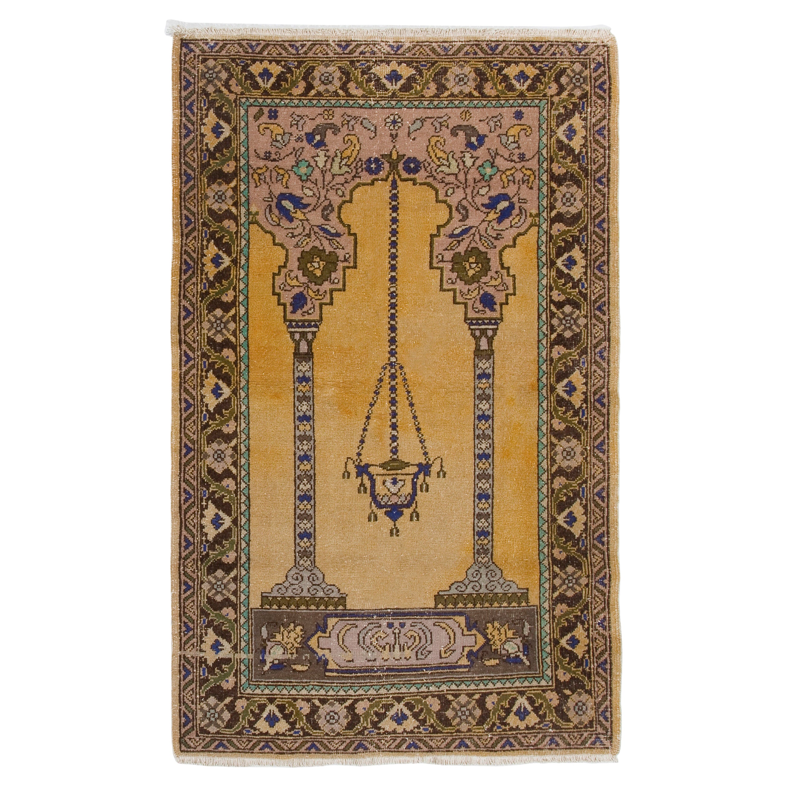 3.3x5.4 Ft Vintage Prayer Rug Depicting a Chandelier, Couple of Columns, Flowers For Sale