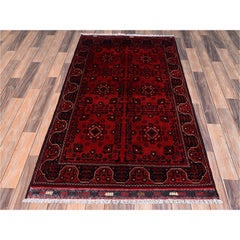 3'3"x5'5" Red Afghan Andkhoy with Tribal Motif Soft Wool Hand Knotted Rug