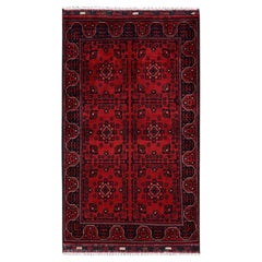 3'3"x5'5" Red Afghan Andkhoy with Tribal Motif Soft Wool Hand Knotted Rug