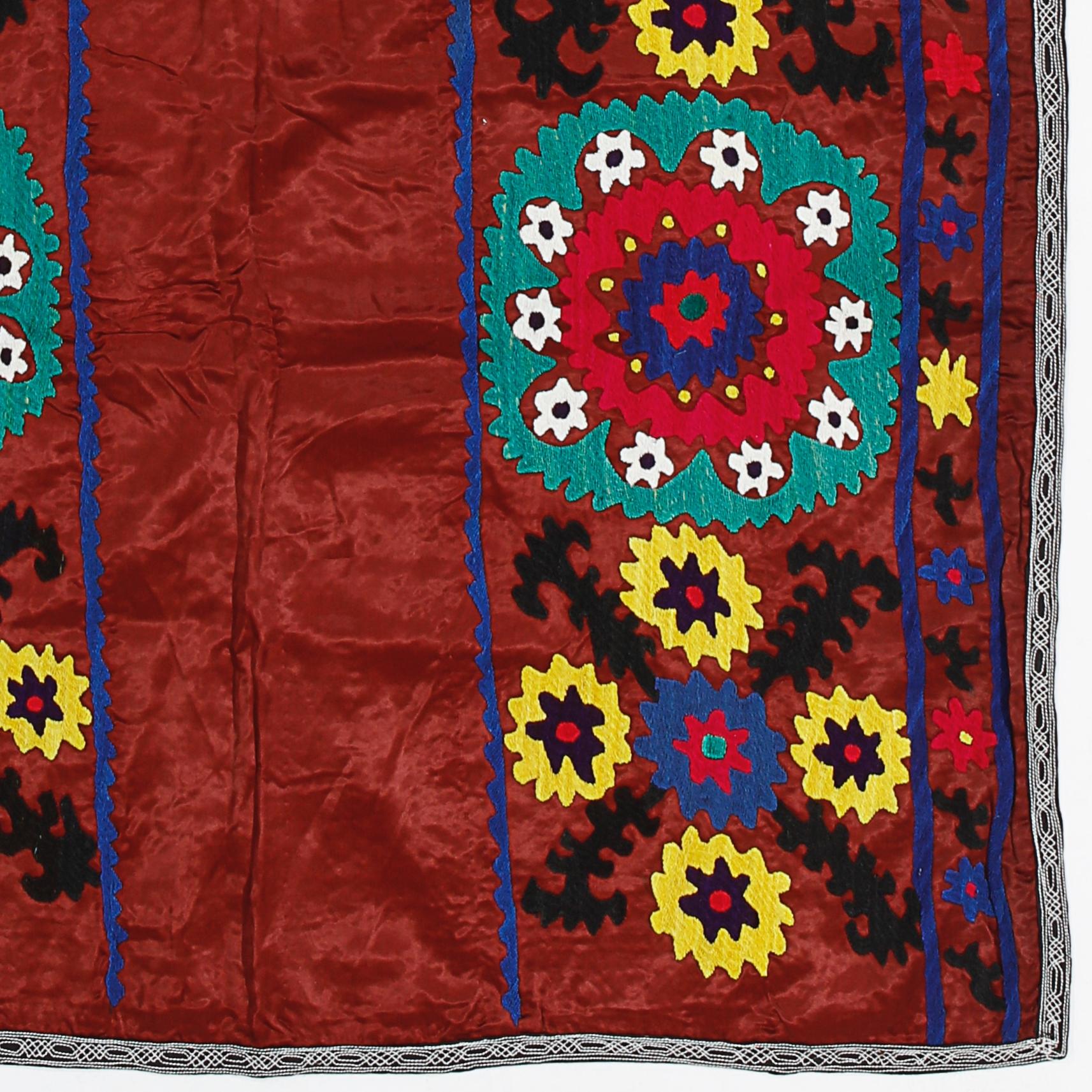 20th Century 3.3x5.8 ft Silk Hand Embroidered Vintage Uzbek Suzani Wall Hanging in Maroon Red For Sale