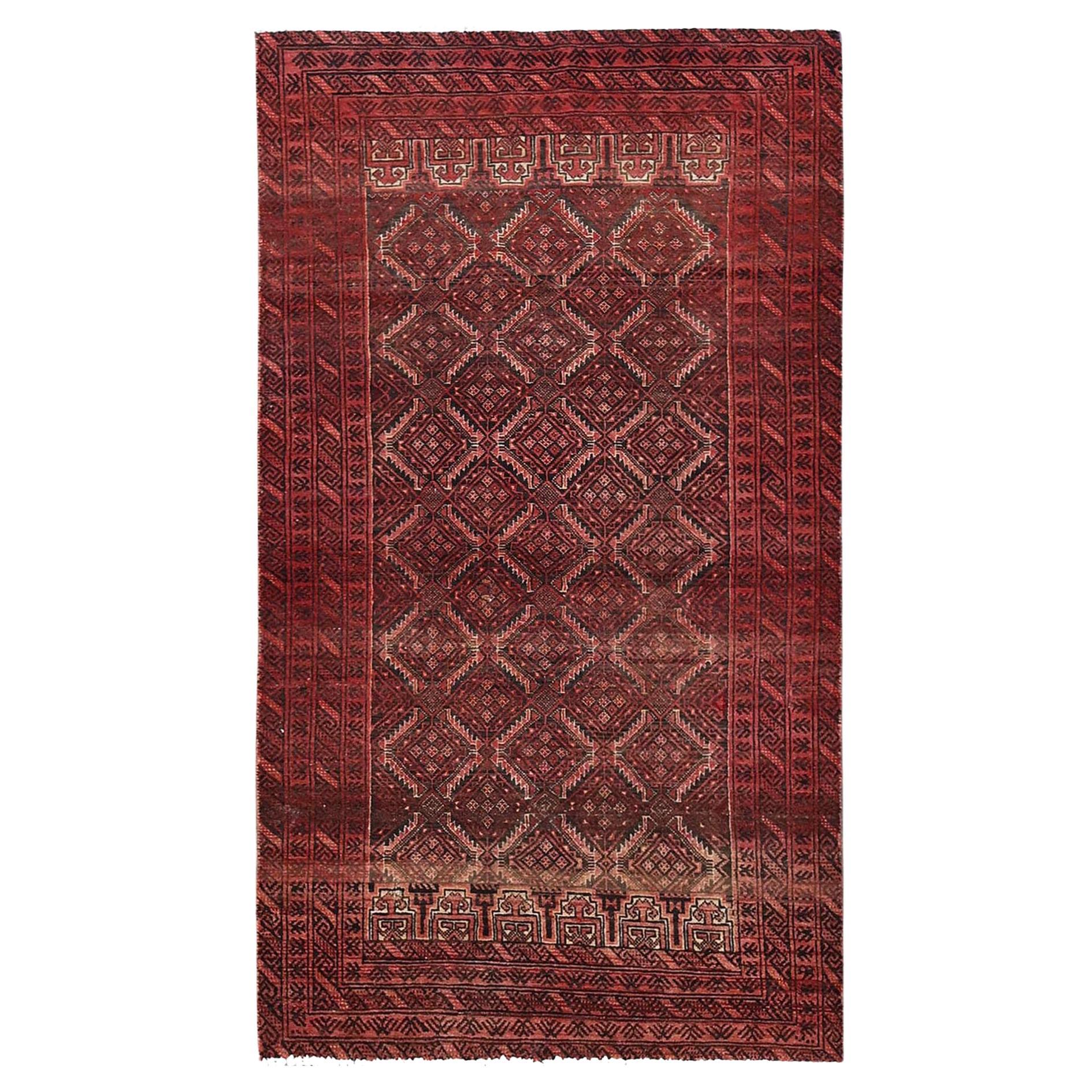 3'3"x6' Scarlet Red Vintage Persian Baluch Handgeknüpfter Orientalischer Teppich aus reiner Wolle, Vintage