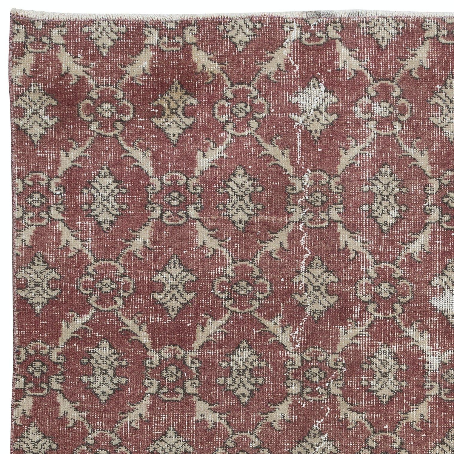 Hand-Knotted 3.3x6.6 Ft Small Handmade Turkish Rug in Barn Red & Beige, Rustic Kitchen Rug For Sale