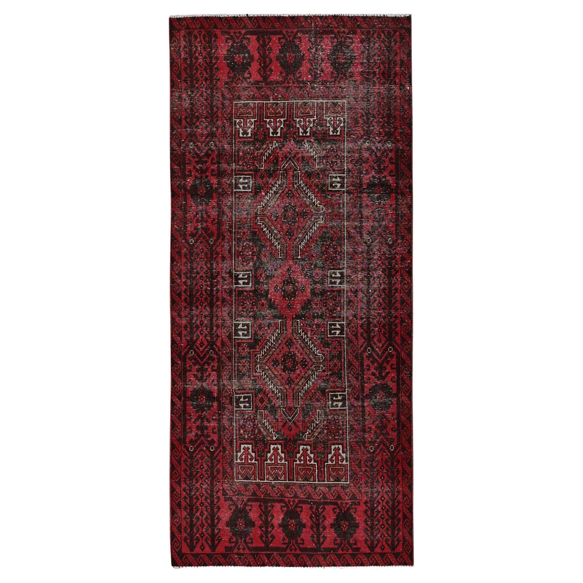 3'3 "x6'8" Rosso Scarlatto Vintage Persiano Baluch Annodato a Mano in Pura Lana Tappeto Runner